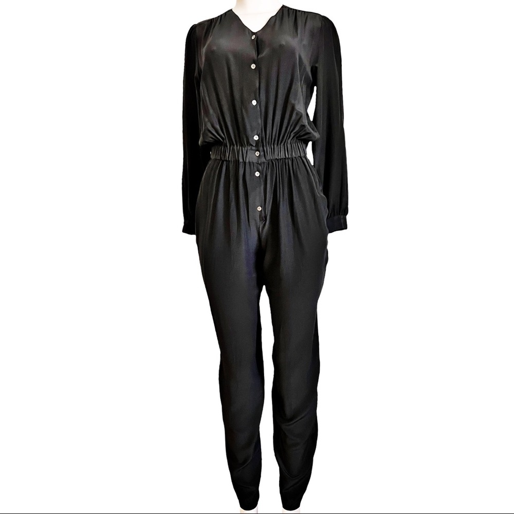 Vintage 70s 80s Royal Silk Clothing 100% Chiffon Silk Jumpsuit SZ 8 Black